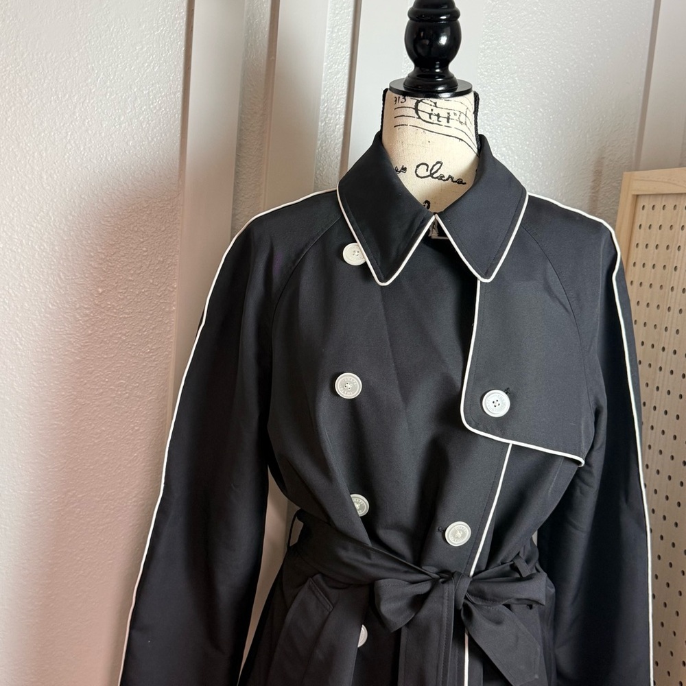 Chaps Ralph Lauren Black Trench Coat White Piping Belted Double Breasted L - Picture 3 of 10
